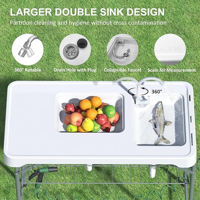 42.5 Fish Cleaning Table with Dual Sink Portable Folding Camping Table with Faucet Sprayer Grid Rack Hose Hook Up &amp Knife Groove Outdoor Sink Station for Picnic Beach Patio