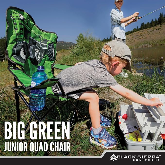 Black Sierra Folding-Lawn Chair for Camping Beach Backyard Sporting Events. for Kids Ages 3-10. Comes with Cup Holder and Carry Bag. Portable-Chair for Travel Supports 150 Lbs. (Big Green)