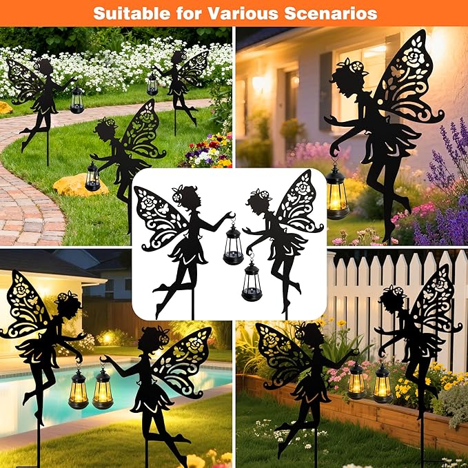 Solar Fairy Garden Statues Outdoor Decor 2 Pack Metal Fairy Figurine Light StakeHousewarming Ornament for Patio Lawn Yard Pathway - Unique Gift Ideas for Gardening Mom Grandma Birthday