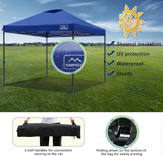 KAMPKEEPER One Person Setup 10x10 Pop up Canopy Tent Instant Portable Canopy One Push Outdoor Canopy with 3 Adjustable Heights Wheeled Carry Bag Bonus 8 Stakes and 4 Ropes(Navy)