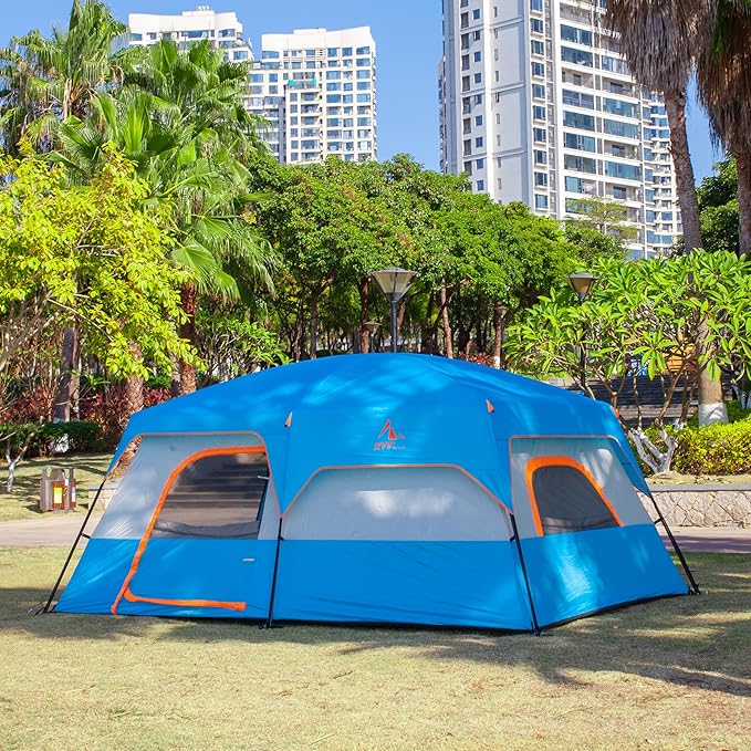 KTT Extra Large Tent 10-12-14 Person(Style-B)Family Cabin Tents2 Rooms3 Doors and 3 Windows with MeshStraight WallWaterproofDouble LayerBig Tent for OutdoorPicnicCampingFamily Gathering