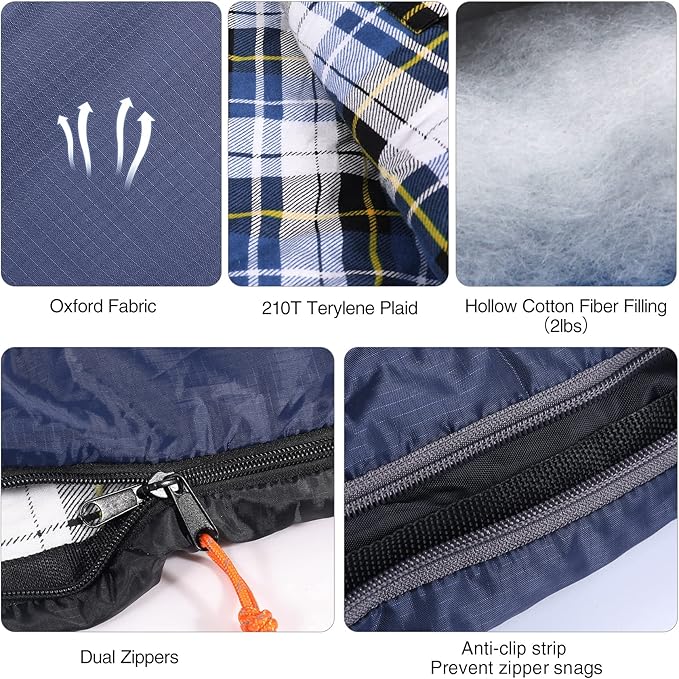 REDCAMP Flannel Sleeping Bag for Adults Comfortable Cotton Sleeping Bags for Camping with Detachable Hood Red/Grey/Blue/Black