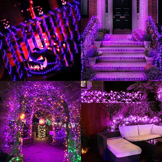 New Upgraded Purple Solar String Lights Outdoor 2 Pack Total 144FT 400LED Solar &amp USB Rechargeable 19 Mode Solar Halloween Lights for Outside Yard Patio Garden Party Xmas Halloween Decorations Pu