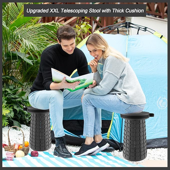 ALEVMOOM Upgraded XXL 19.7 Collapsible Stool with Cushion Heavy Duty Portable Folding Stool Max Load 1000 lbs Retractable Telescoping Foldable Seat Chair for Camping Fishing Travel