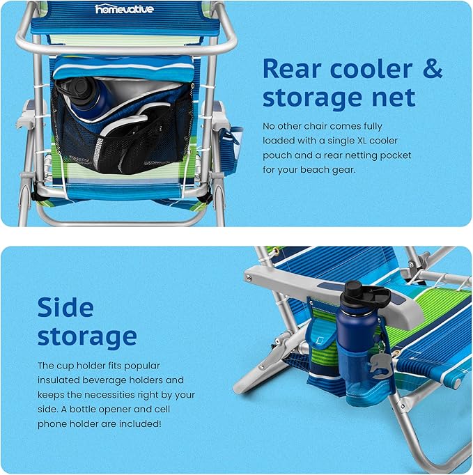 Homevative Cooler+ Folding Backpack Beach Chair with 5 Positions Towel bar XL Cooler Pouch Storage Net Cup and Phone Holder Deep Sea 2 Pack