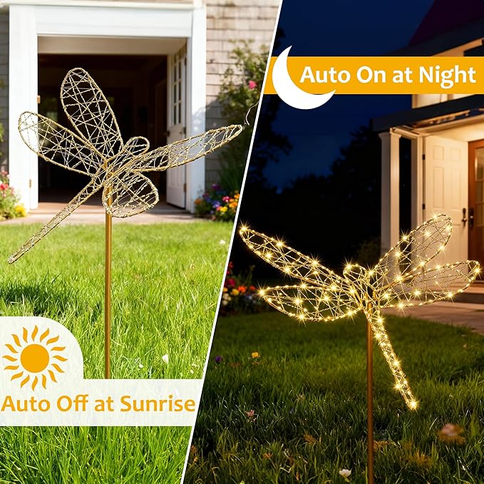 Flacchi Solar Lights Outdoor - Solar Garden Lights Dragonfly Decor with 240LED Solar Powered Iron Waterproof Easy to Install for Pathway Garden Decorations Patio Decor Yard Decoration
