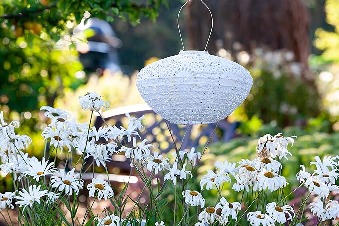 Allsop Soji Stella Crown Chantilly Lace Solar Lantern 13 LED Outdoor Light Handmade with Weather-Resistant UV Treated Fabric Stainless Steel Hardware Auto Sensor on/Off for Patio Deck Garden