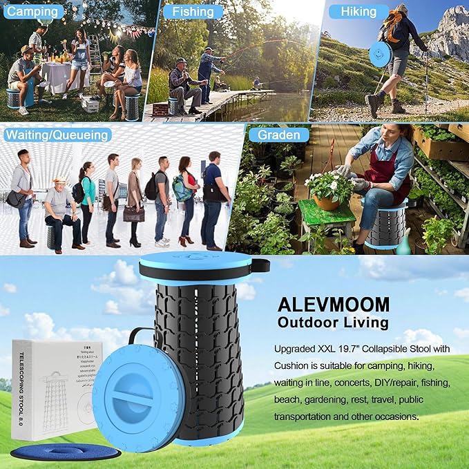 ALEVMOOM Upgraded XXL 19.7 Collapsible Stool with Cushion Heavy Duty Portable Folding Stool Max Load 1000 lbs Retractable Telescoping Foldable Seat Chair for Camping Fishing Travel