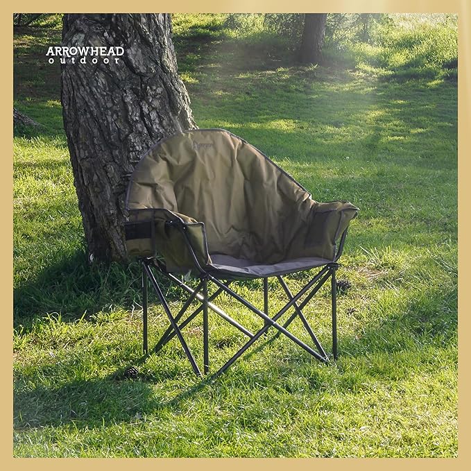 ARROWHEAD OUTDOOR Oversized Heavy-Duty Club Folding Camping Chair with Pocket Cup Holder Portable Padded Moon Round Saucer Supports 330lbs Carrying Bag