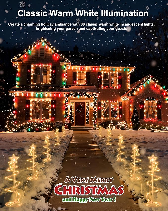 Spiral Christmas Tree Pathway Lights 4 Pack - Warm White Spiral Lighted Christmas Lights Waterproof - Plug in Collapsible Pathway Light for Outdoor Indoor Christmas Yard Decorations