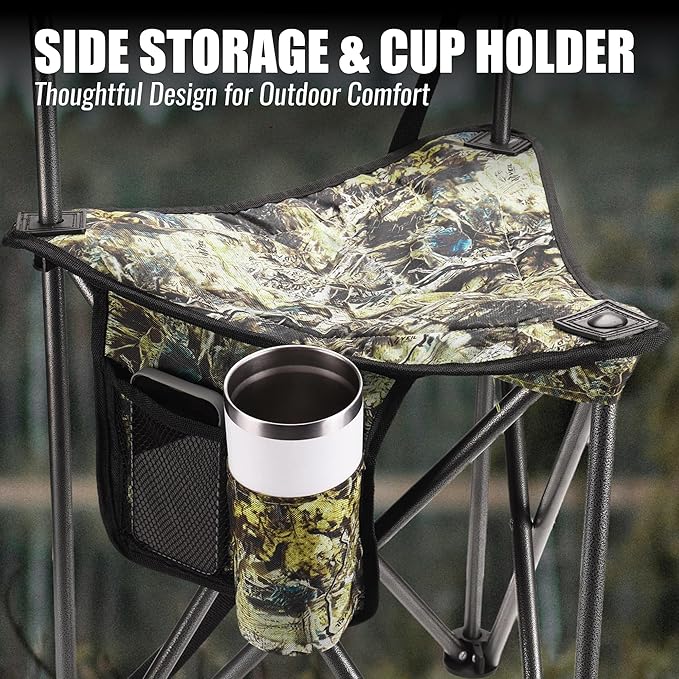 FLISSA Tripod Hunting Chair with Backrest Portable Hunting Stool Supports 250 LBS Foldable Camo Seat with Carry Strap for Hunting Hiking Fishing and Camping