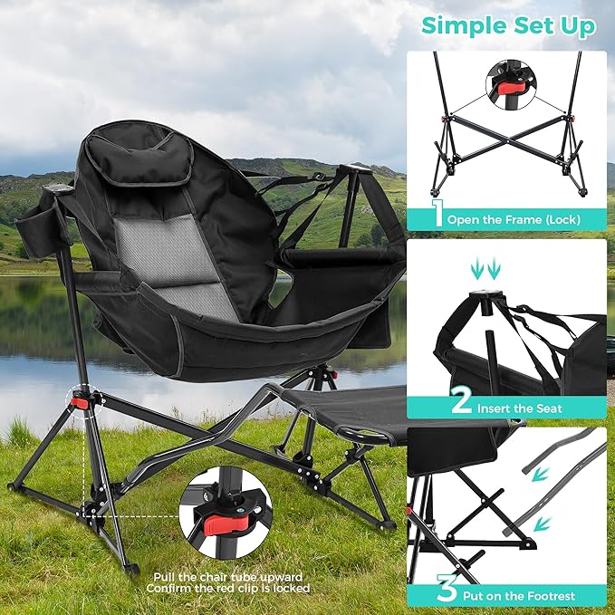 Ainfox Hammock Chair with Footrest Oversized Swinging Portable Folding Camping Chairs for Adults Outside Swinging Camp with Cup Holder Pillow for Outdoor Patio Lawn Black
