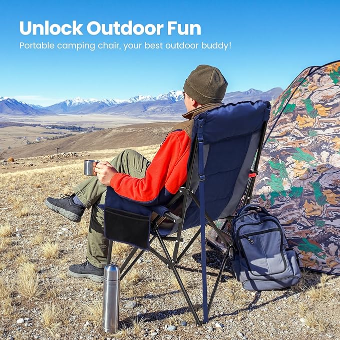 HIGH POINT SPORTS Oversized Camping Chairs for Adults High Back Heavy Duty Lawn Folding Chair Support 500LBS Padded Portable Outdoor Chair with Cup Holder Blue