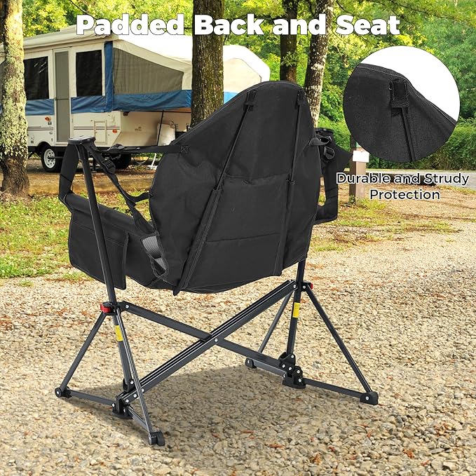 Ainfox Hammock Camping Chair Foldable Portable Rocking Chairs for Adults Outside Swinging Camp with Cup Holder Pillow for Outdoor Patio Poolside (Black)