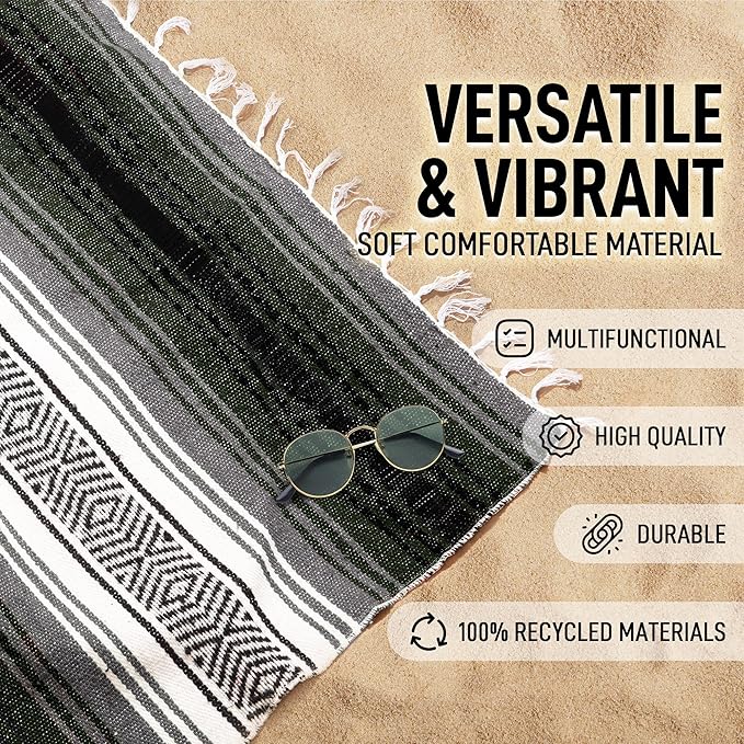 Hydration Nation Authentic Extra Large Mexican Blanket - 70x50 Handwoven Yoga Serape Artisanal Falsa - Camping Picnic Outdoor (Military Green)