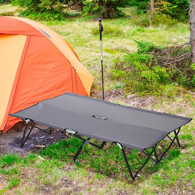 Gray Double Portable Camping Cot - 50-Inch Wide Elevated Steel Bed 300 lbs Weight Limit Foldable with Travel Bag for Outdoor Adventures