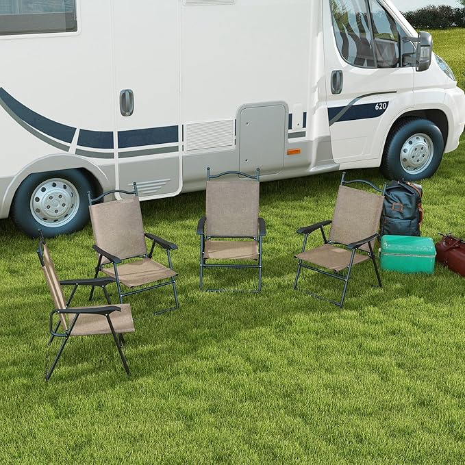 Folding Patio Chairs Set of 4 Sports Chairs for Adults Camping Chairs with Armrests Breathable Mesh Fabric Seat for Lawn Brown