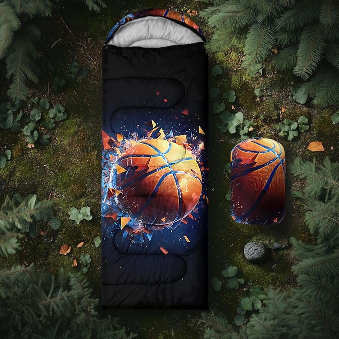 AILONEN Sports Basketball Sleeping Bag for Kids BoysWarm and Cool WeatherLightweightWaterproof Backpacking3D Galaxy Ball Print Sleeping Bag for Camping