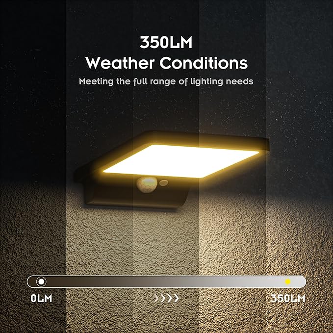 (4 Pack) Solar Outdoor Wall Light Waterproof 2025 Model 2000mAh Battery 350 Lumens 3 Modes 3000K Warm White Motion Sensor Solar Lights for Fences Camping Steps Deck Doors Posts Patios