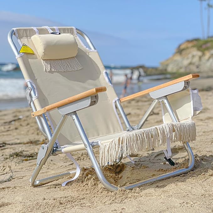 EasyGo Product Tassel Backpack Beach Chair 5 Positions and Cup Holder Pouch on Side-Padded Pillow-Storage Bag on Back – Lightweight Rustproof Aluminum – Black Frame 1 Pack TAN