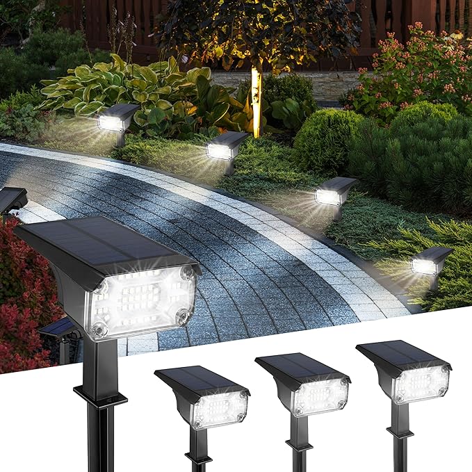 Kingsyard Solar Lights Outdoor Waterproof IP68 47 LEDs 3 Lighting Modes USB &amp Solar Powered Garden Yard Pathway Spot Lights for Outside Landscape Auto On/Off 4 Pack(Cool White)