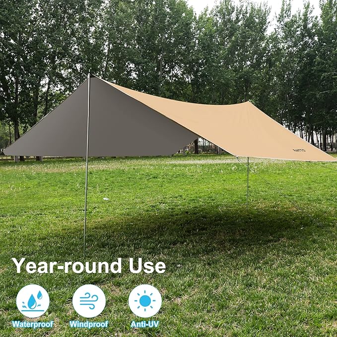 Hammock Rain Fly 12x10FT Camping Tarp with Poles Waterproof and Ultralight Survival Tent Tarp for Outdoors Camping Hiking Picnic Backpacking