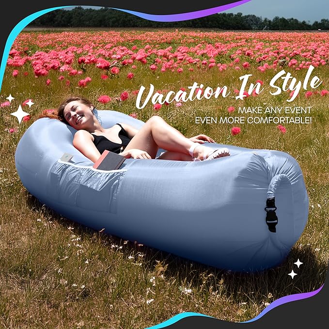 Nevlers Periwinkle Blue Inflatable Lounger | 210T Polyester Blow Up Couch | Inflatable Beach Chair w/ 450 lbs. Capacity Pockets &amp Carry Bag | No-Pump Air Couch for Use as Music Festival Accessor
