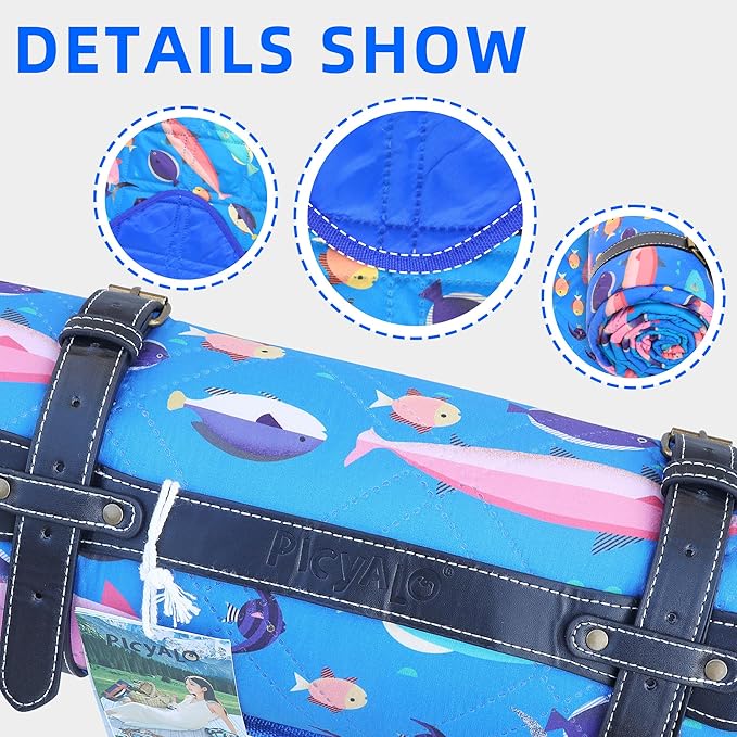 60x80” Double Thickened Picnic Blankets(150g High Density Cotton Stuffed) Blue Fish Pattern Outdoor Picnic Mat Portable Picnic Blanket Foldable with Leather Carry Strap Beach Blanket