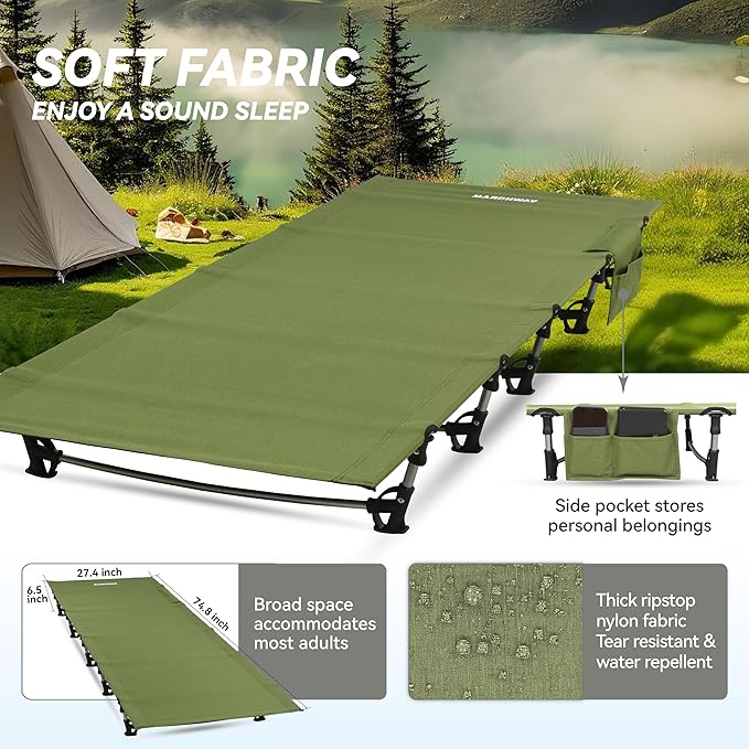 MARCHWAY Ultralight Folding Tent Camping Cot Bed Portable Compact for Outdoor Travel Base Camp Hiking Mountaineering Lightweight Backpacking (Army Green)