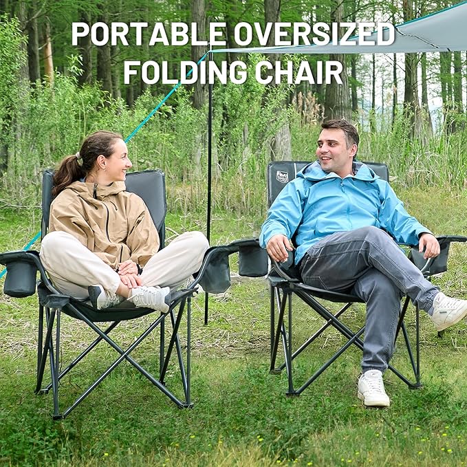 Timber Ridge Oversized Folding Camping Chair for Adults Support 550 LBS Heavy Duty Chairs with Cup Holder Side Pocket for Camping Lawn Picnic 2 Pack(Grey)