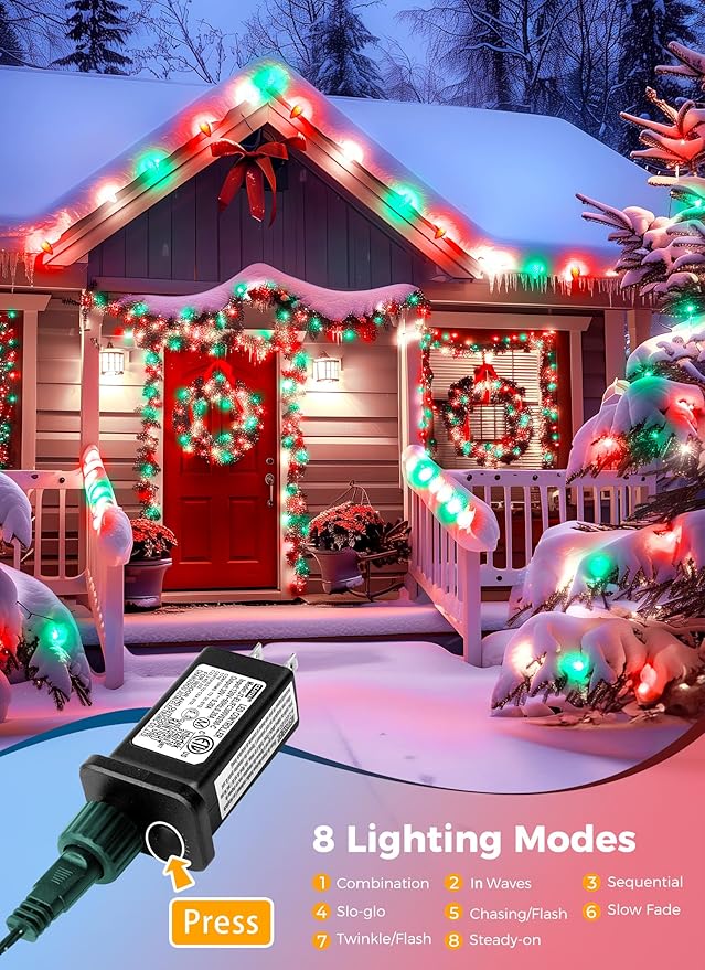C9 Christmas Lights Outdoor Waterproof 114 Feet 150 LED C9 String Lights with Timer &amp 8 Light Mode Connectable Christmas Tree Lights for Indoor Outside Roofline Patio Decor Red Green &amp Pur