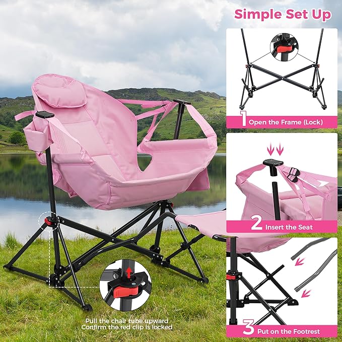 Ainfox Hammock Camping Chair with Footrest Foldable Rocking Chairs for Adults Outside Swinging Camp with Cup Holder Pillow for Outdoor Patio Garden (Pink)