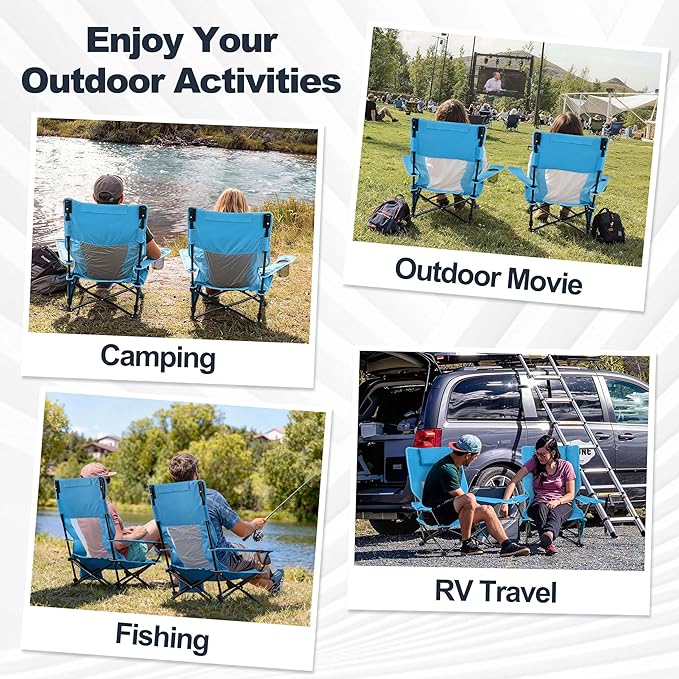 Joyfair 2 Pack Beach Chair Camping Chairs Set(High Back) Heavy Duty Folding Low Lawn Camp Chair for Adults for Outdoor Sport Fishing Armrest Chair with Portable Bag Pillow Cup Holder (Blue)