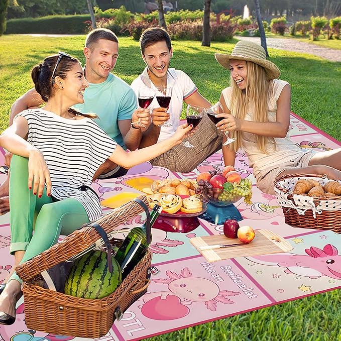 Extra Large Picnic Blankets Waterproof Foldable (80x 80) Axolotl Beach Blanket Waterproof Sandproof3-Layer Thicking Mat Outdoor Packable Camping Blanket