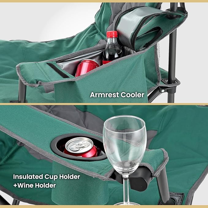 ARROWHEAD OUTDOOR Portable Deluxe Folding Camp Quad Chair w/Headrest Glass &amp Cup Holders Armest 6-can Cooler Heavy Duty Carry Bag 550 lbs Weight Capacity