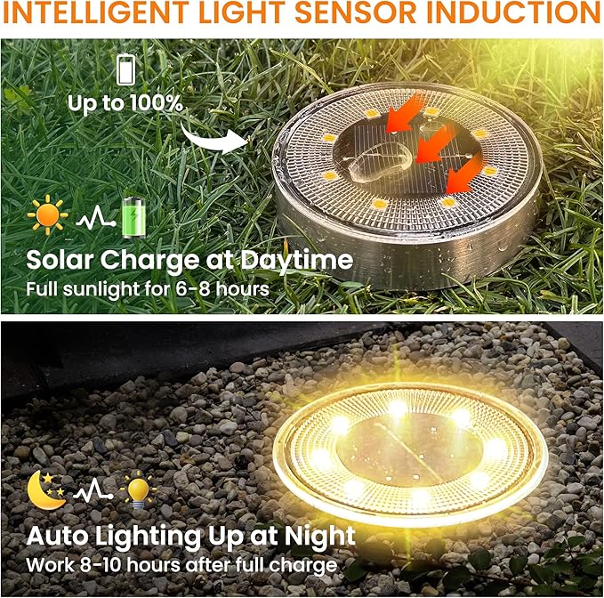Siatom Stainless Steel Solar Ground Lights 8 Pack IP68 Waterproof Solar In-Ground Light for Outdoor Flat Landscape Lighting Garden Disc Light for Pathway Walkway and Yard - 8 Pcs (Warm White)