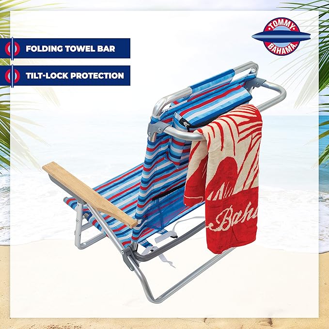Tommy Bahama 5-Position Classic Lay Flat Folding Backpack Beach Chair Aluminum Red White and Blue Stripe