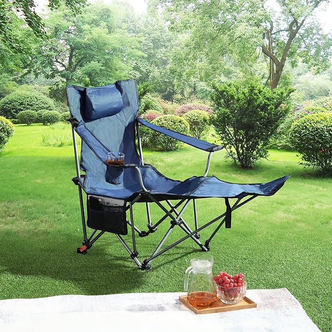 Folding Camping Chairs Portable Beach Chairs with Foot Rest Adjustable Recliner Chairs with Side Pockets &amp Cup Holder for Camping Picnics Fishing Beaches Barbecuesand (Blue)