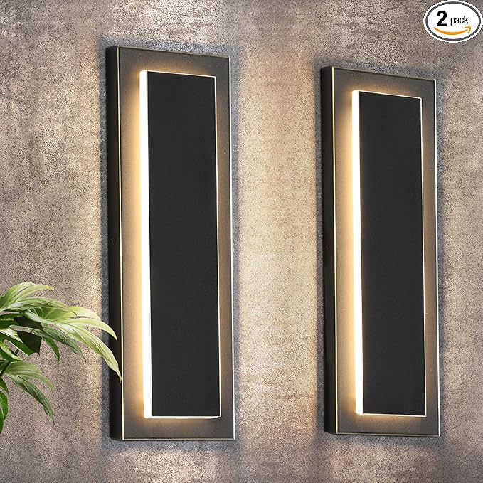 tewei 2 Pack LED Outdoor Wall Lights 15.7'' Modern Outdoor Indoor Wall Sconce Large Exterior Lighting Fixtures Outside Front Door Lights for House Hallway Warm White 3000K Black with Gold Finish