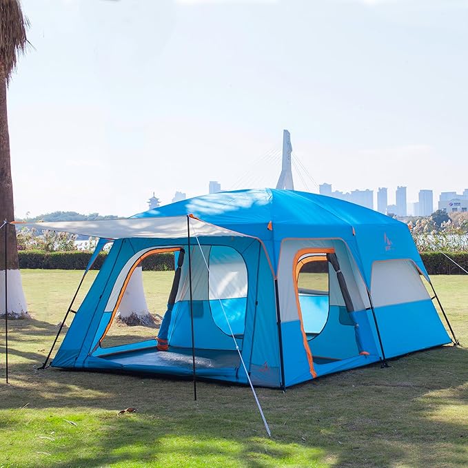 KTT Extra Large Tent 10-12-14 Person(Style-B)Family Cabin Tents2 Rooms3 Doors and 3 Windows with MeshStraight WallWaterproofDouble LayerBig Tent for OutdoorPicnicCampingFamily Gathering