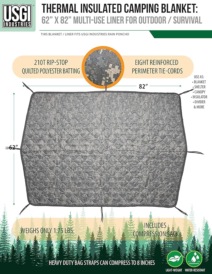 USGI Industries Military Woobie Blanket | Thermal Insulated Camping Blanket Poncho Liner | Large Portable Insulation Water-Resistant for Hiking Survival | Compression Carry Bag