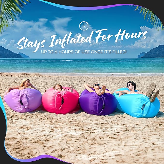 Nevlers Blue &amp Purple Inflatable Lounger 2 Pack | 210T Polyester Inflatable Chair | No-Pump Air Couch | Blow Up Couch Set w/ 450 lbs. Capacity Pockets &amp Carry Bags for Use as Beach Accessorie