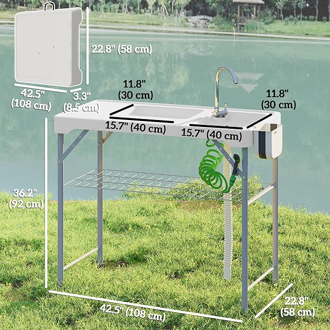 Outsunny Folding Fish Cleaning Table with Sinks Portable Camping Sink Table with Faucet Drainage Hose Sprayer Shelf Drawer and Storage Basket Outdoor Fillet Table for Picnic Beach Patio White