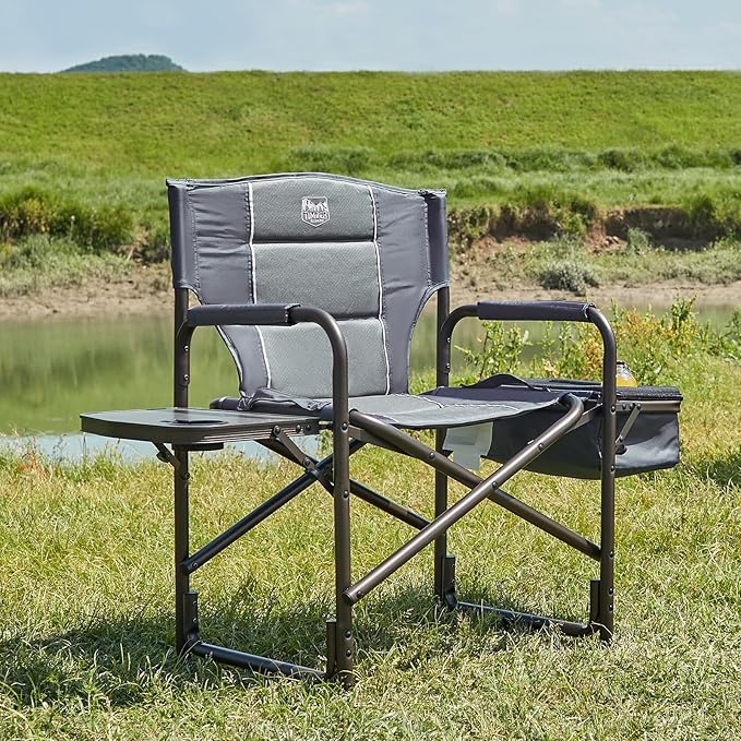 TIMBER RIDGE Lightweight Camping Chair Portable Laurel Director's Chair with Foldable Side Table Cooler Bag &amp Mesh Pocket Compact Outdoor Folding Lawn Chair Supports 300lbs Grey