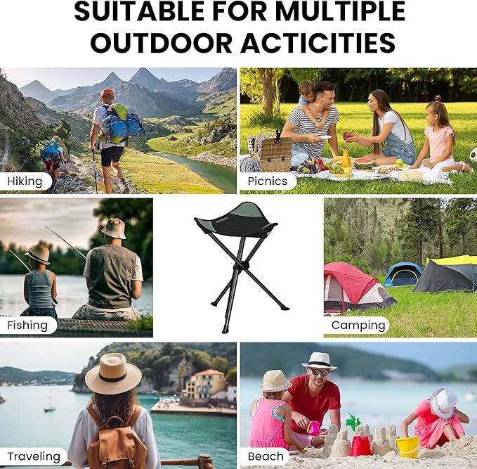 OUTSKIRT Camping Folding Tripod Stools Portable Camping Stools 2 Pack Extra Tall for Adults High Lightweight Camping Stool Tripod Chairs for Fishing Hiking Backpacking