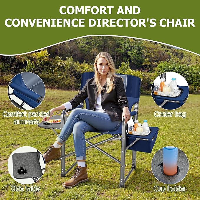 Camping Directors Chairs for Adults Heavy Duty with Table and Cooler Bag Oversized Portable Folding Chair for Beach Fishing Trip Picnic(Breathable Comfort Cushion Blue)