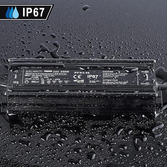 LED Power Supply 250W Waterproof IP67 100V-265V AC to 24V DC 3-Prong Plug with 3.3 Feet Cable for LED Strip Lights