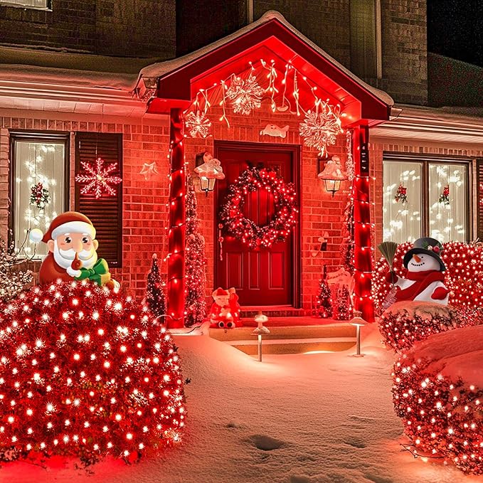 JMEXSUSS 360 LED Red Net Lights Outdoor Connectable 12ft x 5ft Christmas Net Lights Plug in with Remote 8 Modes Waterproof Red Mesh Light for Bushes Christmas Halloween Decorations