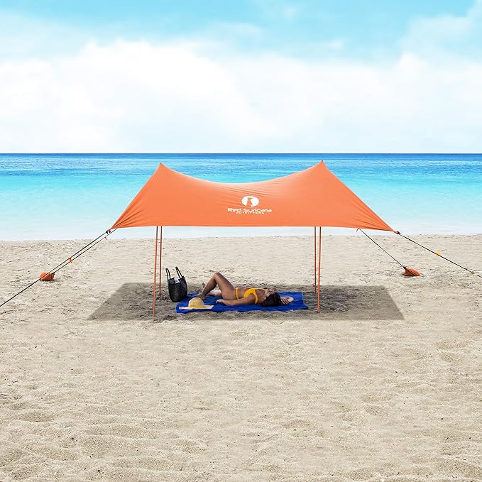 Red Suricata Family Beach Tent &amp Canopy UPF50 Sun Shade 4 Aluminum Poles Sand Shovel Medium Portable Sun Shelter (Medium Orange)