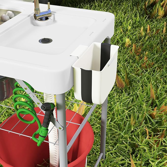 Outsunny Folding Fish Cleaning Table with Sinks Portable Camping Sink Table with Faucet Drainage Hose Sprayer Shelf Drawer and Storage Basket Outdoor Fillet Table for Picnic Beach Patio White